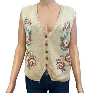 90s VTG Jantzen Floral Knit Vest Large Cottagecore Embroidered Grannycore Button